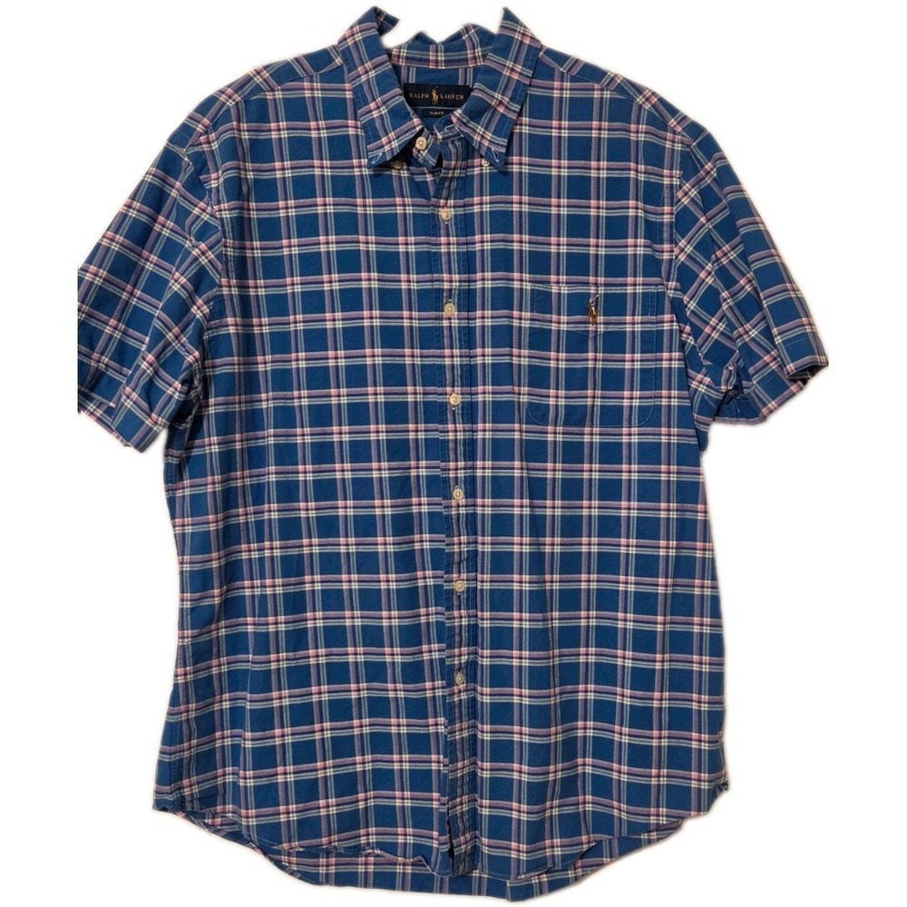 Ralph Lauren Mens Short Sleeve Shirt 100% Cotton Plaid Blue/pink Button Down XXL